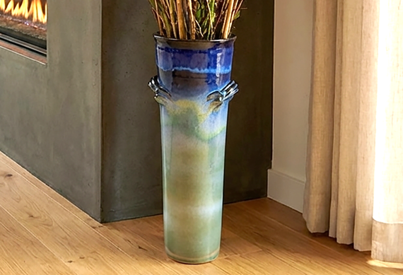 Grey and Blue Sculpted Vessel with Handles